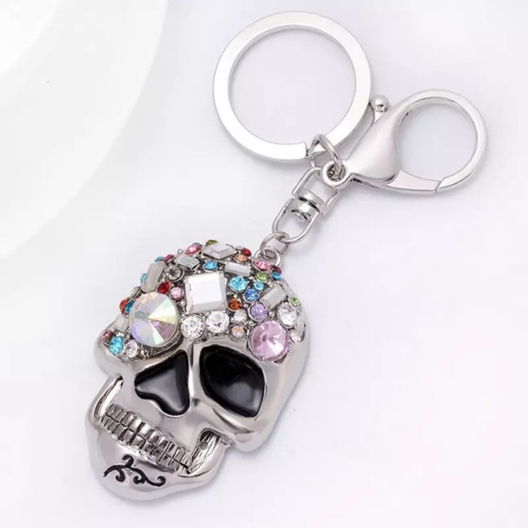 Multicolored Crystal & Silver Skull Keychain Charm - Picture 3 of 14